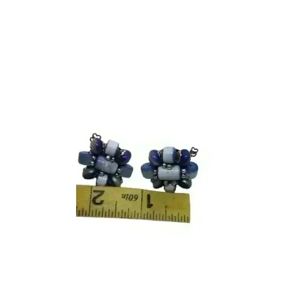 Vintage Earrings Blue Cats eye Moonglow Beaded Clip On Japan 1950s Cats Eye - Picture 7 of 9